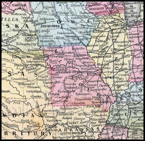 Missouri and Surrounding States and Territories, circa 1857.