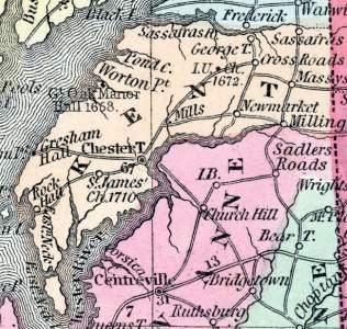 map showing Kent County and Chestertown shaded yellow