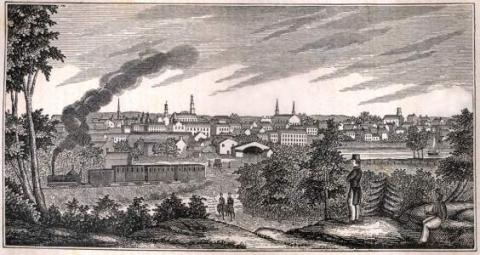 view of Petersburg, city in distance, smokestack