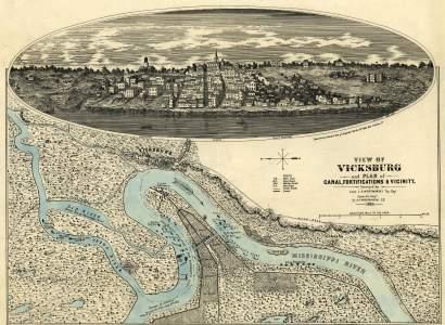historic map of Vicksburg with detail showing panoramic view of city