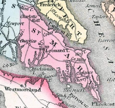 map with different colors, St. mary's county shaded pink