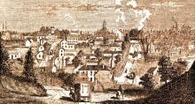 engraving of Knoxville, wagon in foreground, cityscape in background, sepia tone