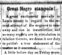 headline in bold, "Great negro stampede", rest regular text in black-and-white