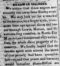 Runaway Negroes headline in all capital letters, bold. Newspaper image, black and white text