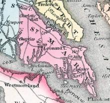 map with different colors, St. mary's county shaded pink